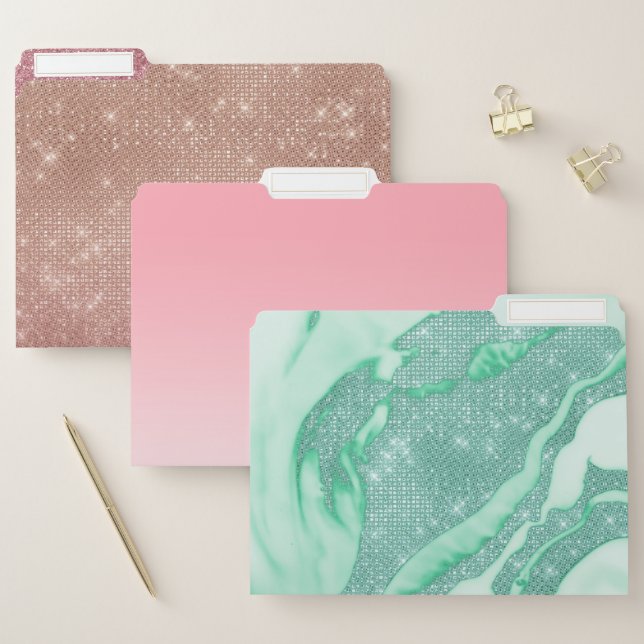 Teal Mint Green Sparkly Sequin Smoky Marble File Folder (Set)