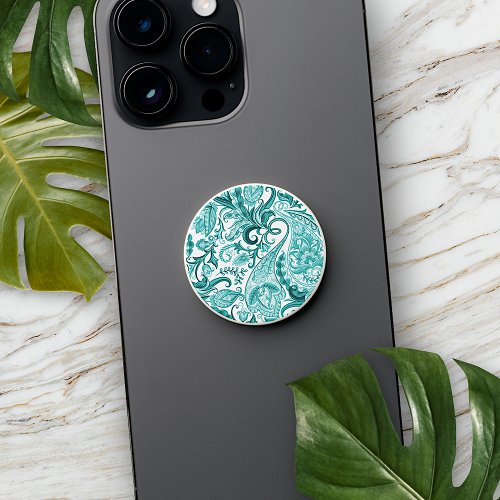 Teal Mint Green White Floral Paisley Art PopSocket