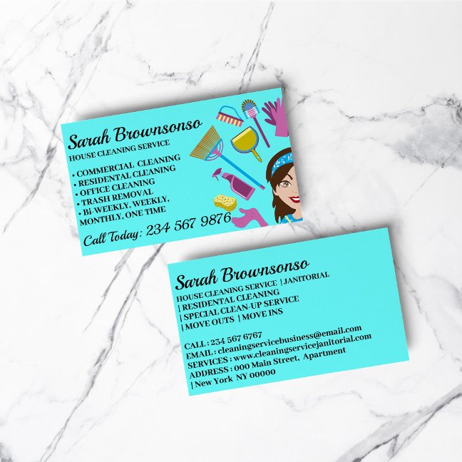 Teal Mint Janitorial Lady Cartoon House Cleaning Business Card