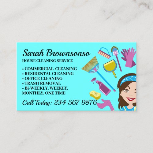 Teal Mint Janitorial Lady Cartoon House Cleaning Business Card