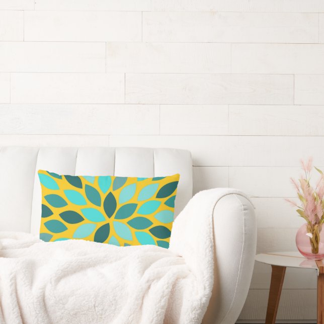 Teal Mint Mustard Modern Chrysanthemum Floral Lumbar Pillow (Couch)