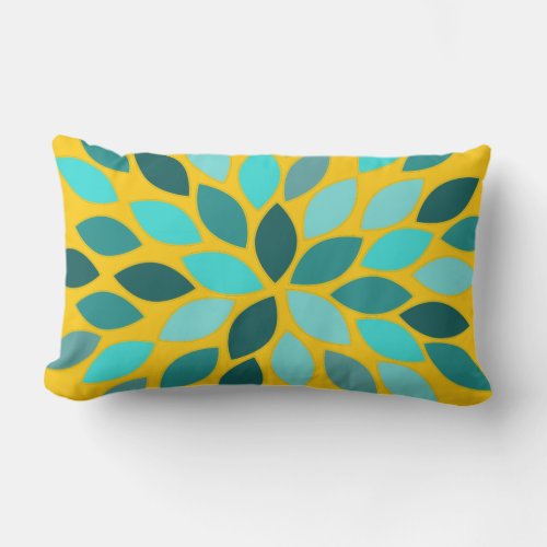 Teal Mint Mustard Modern Chrysanthemum Floral Lumbar Pillow