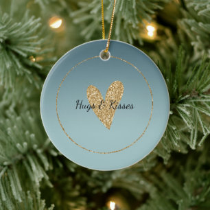Teal Mint Ombre Gold Glitter Heart Ceramic Ornament
