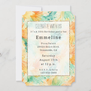 Teal Mint Orange Cream Peacock Abstract Invitation
