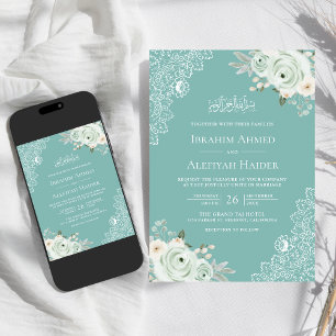 Teal Mint Sage Green Floral Lace Muslim Wedding Invitation