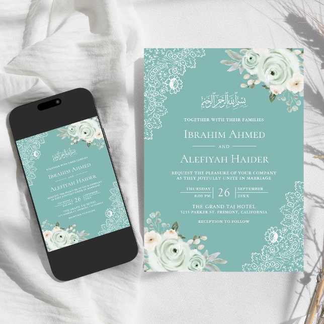 Teal Mint Sage Green Floral Lace Muslim Wedding Invitation (Creator Uploaded)
