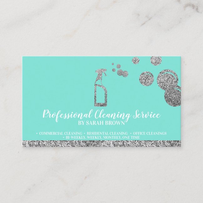 Teal Mint Silver Sparkle Cleaning Maid Janitorial Business Card