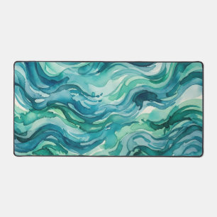 Teal Mint Watercolor Ocean Waves Desk Mat