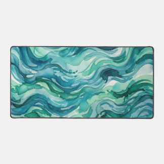 Teal Mint Watercolor Ocean Waves Desk Mat