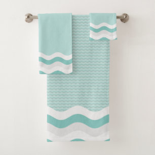 Teal Mint Wavy Stripes Seamless Pattern Bath Towel Set