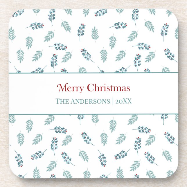 Teal Mistletoe Merry Christmas Beverage Coaster (Front)