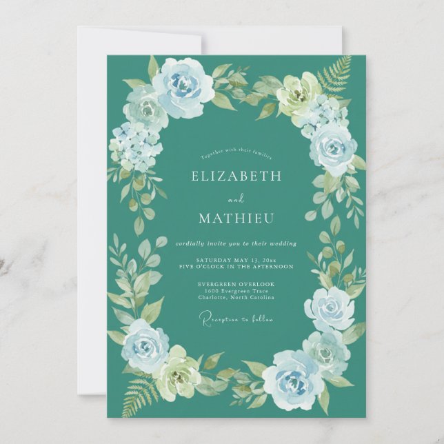 Teal Misty Botanical Wedding Invitation (Front)