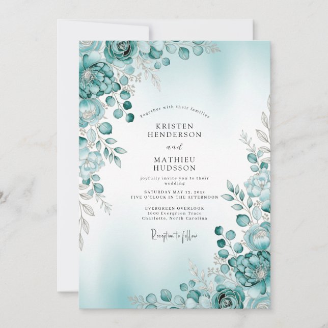Teal Misty Botanical Winter Wedding Invitation (Front)