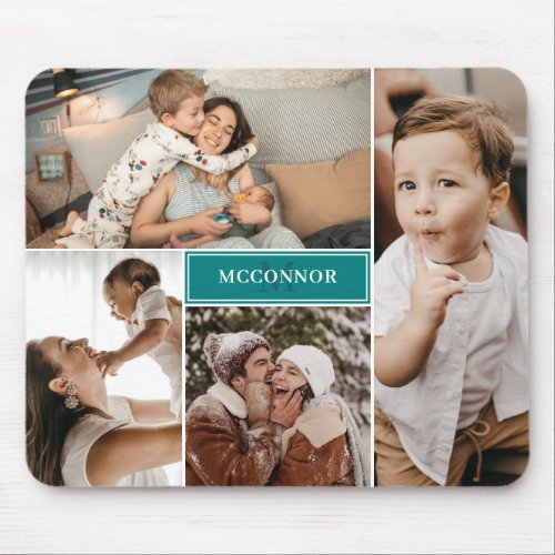 Teal Modern 4 Photo Collage  Name Mouse Pad