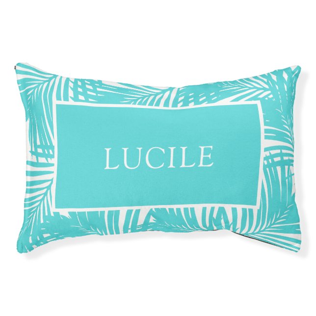 Teal Modern Beach Palm Tree Custom Name Pet Bed (Front)