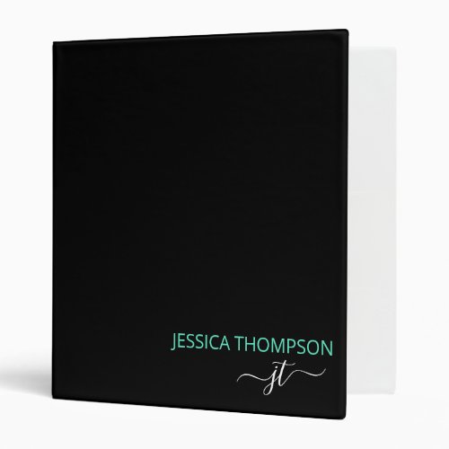 Teal Modern Black Simple Script Monogram Name 3 Ring Binder