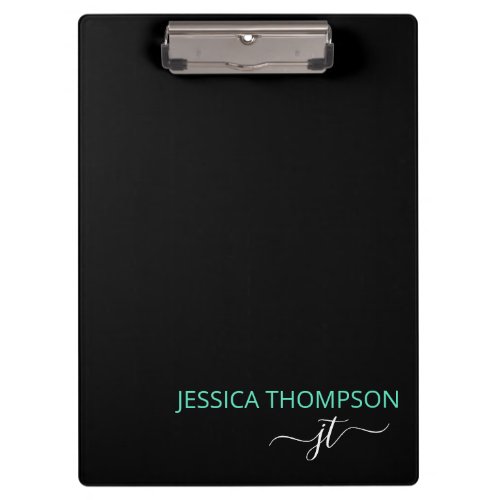 Teal Modern Black Simple Script Monogram Name Clipboard