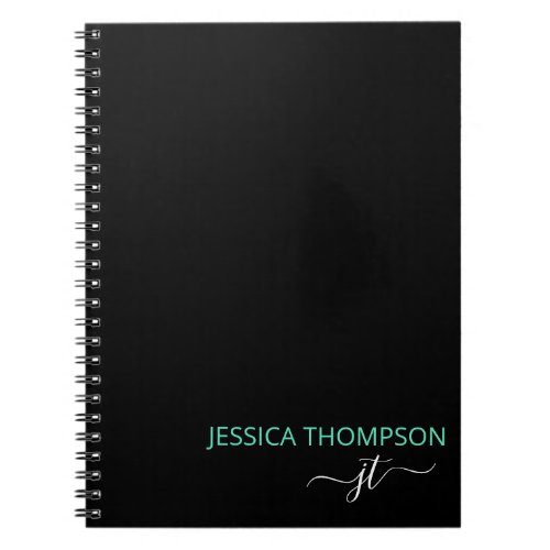 Teal Modern Black Simple Script Monogram Name Notebook