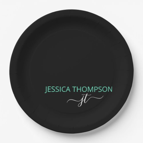 Teal Modern Black Simple Script Monogram Name  Paper Plates