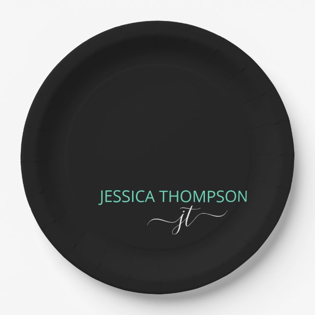 Teal Modern Black Simple Script Monogram Name  Paper Plates (Front)