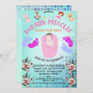 Teal Modern Boho Floral Princess Baby Girl Shower Invitation
