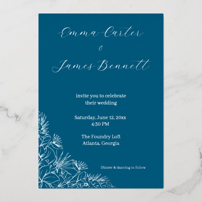 Teal Modern Botanical Wedding Foil Invitation (Front)