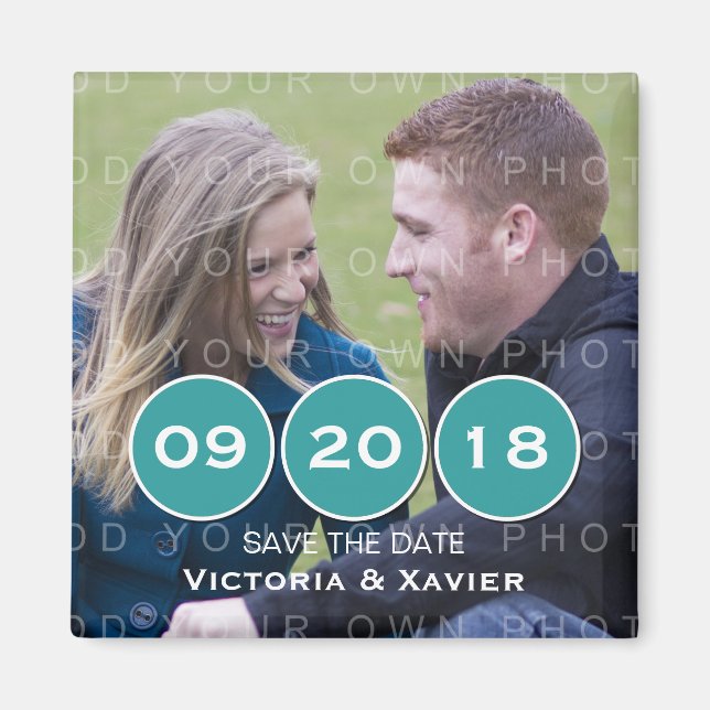 Teal Modern Circles Photo Save the Date Magnet (Front)