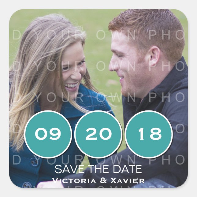 Teal Modern Circles Photo Save the Date Stickers (Front)