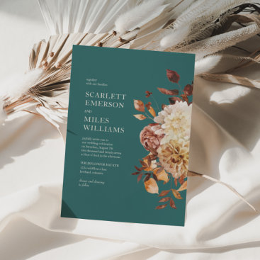 Teal Modern Fall Terracotta Floral Wedding Invitation