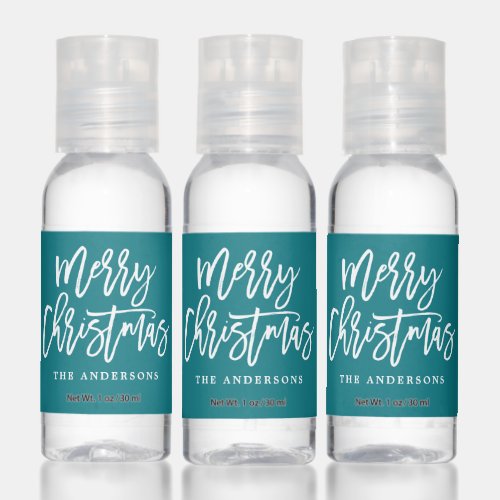 Teal Modern Merry Christmas Script Hand Sanitizer