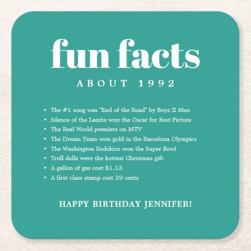 Teal Modern Minimal Fun Facts Birthday Year Square Paper Coaster