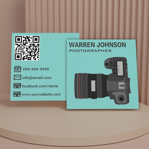 Teal Modern Photographer QR Code Square Business Card