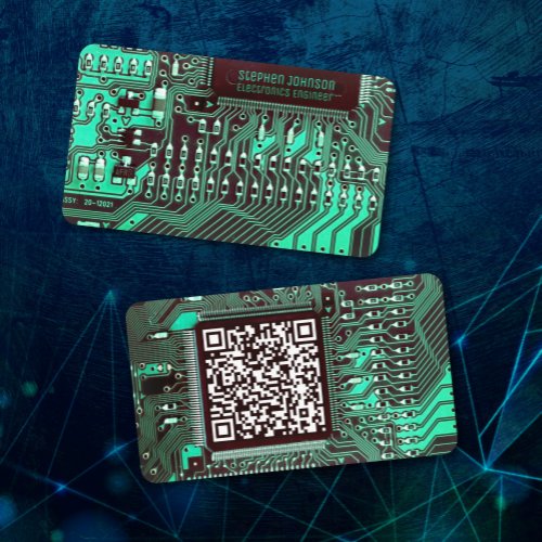   Teal Modern Printed Circuit Board Custom QR Code Business Card