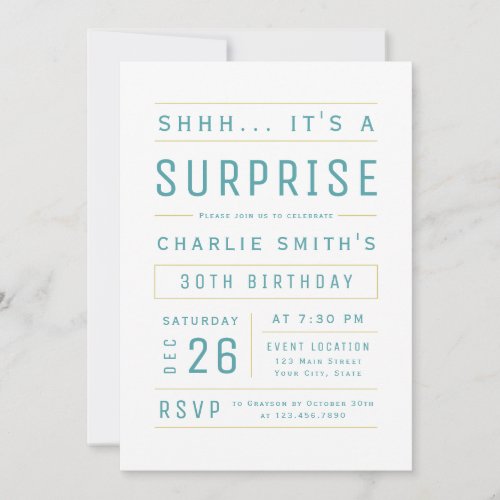 Teal Modern Simple Typography Surprise Birthday Invitation