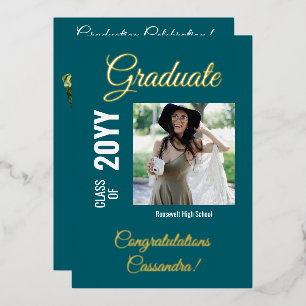 Teal Modern Square Photo Graduation Party Foil Invitation