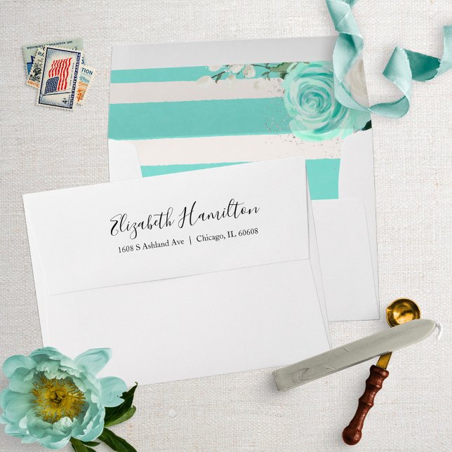 Teal Modern Stripes Floral Elegant Envelope (Creator Uploaded)