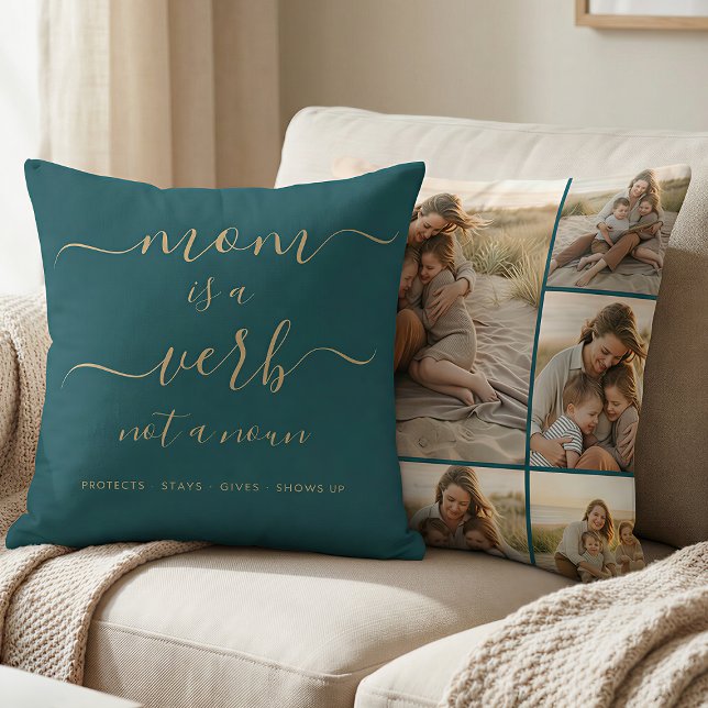 Teal Mom Is a Verb Family Photo Mum Keepsake Throw Pillow (Creator Uploaded)
