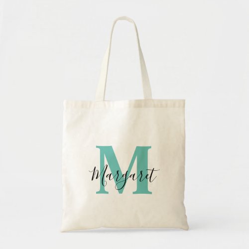 Teal Monogram Black Script Name Tote Bag