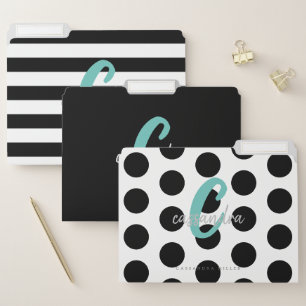 Teal Monogram Black White Stripes Polka Dots File Folder