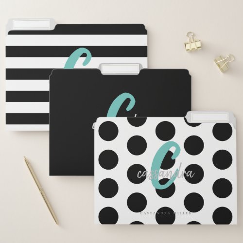 Teal Monogram Black White Stripes Polka Dots  File Folder