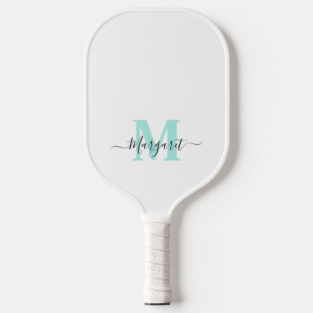 Teal Monogram Boho Chic Script Name Pickleball Paddle (Front)
