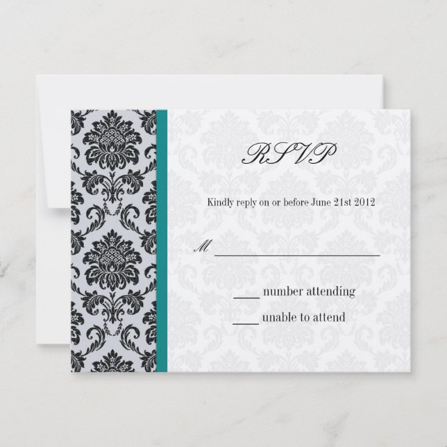 Teal Monogram Damask Vintage Wedding RSVP (Front)