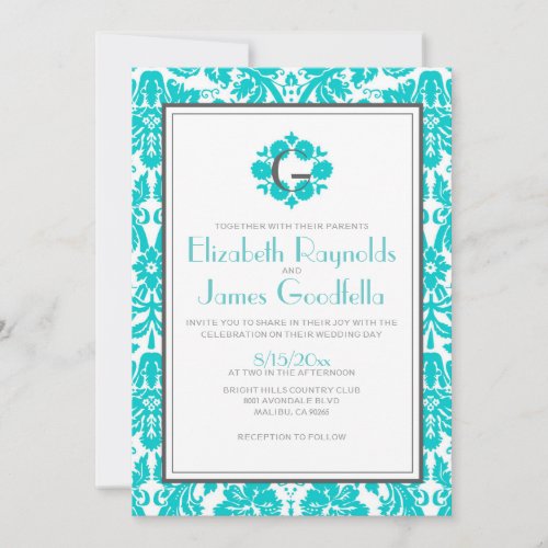 Teal Monogram Damask Wedding Invitations