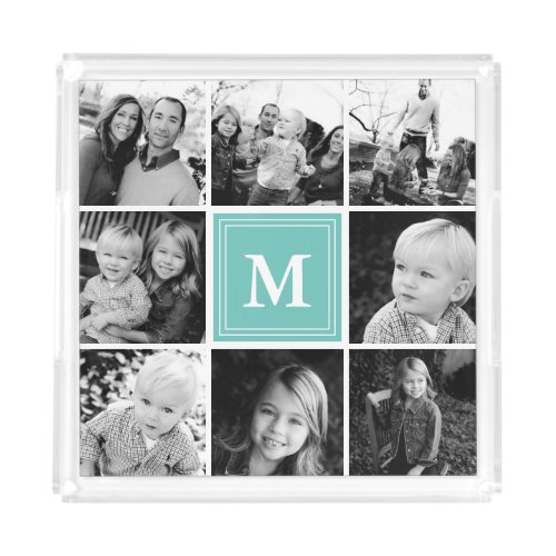 Teal Monogram Family Photo Collage Acrylic Tray