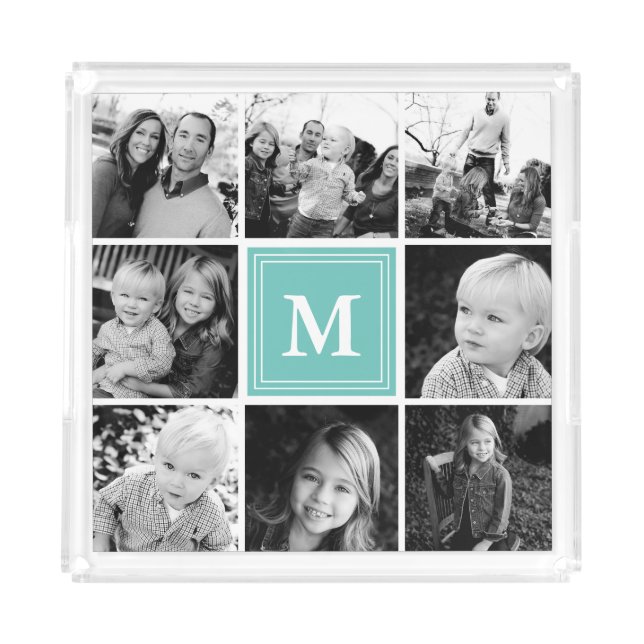 Teal Monogram Family Photo Collage Acrylic Tray (Front)