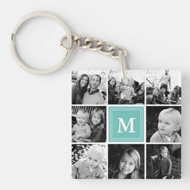 Teal Monogram Family Photo Collage Keychain (Front)