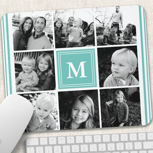 Teal Monogram Family Photo Collage Mouse Pad (Creator Uploaded)