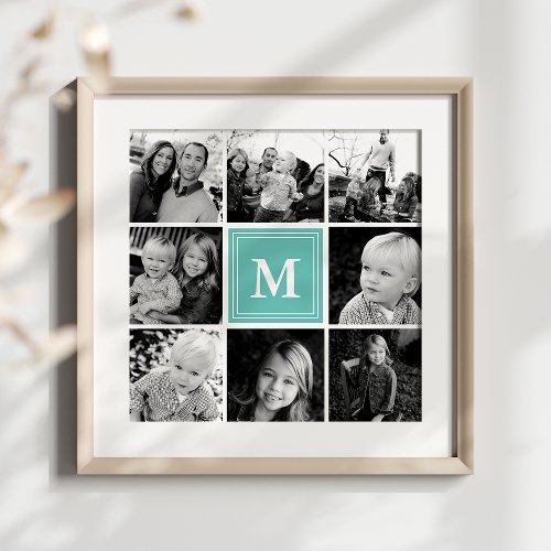 Teal Monogram Family Photo Collage Poster
