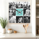 Teal Monogram Family Photo Collage Square Wall Clock<br><div class="desc">Showcase your cherished family memories with this personalized square wall clock. Featuring a stylish teal background and a collage of your favorite photos,  this clock is a unique and sentimental addition to any home. Add your family initial for a personal touch. A perfect gift for weddings,  anniversaries,  or housewarmings.</div>