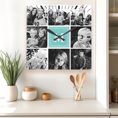 Teal Monogram Family Photo Collage Square Wall Clock